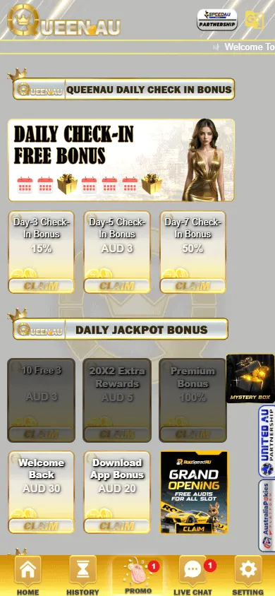 Queenau Casino mobile browser promotions screen with welcome and free bonus offers