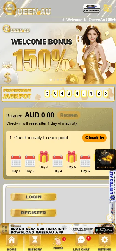 Queenau Casino mobile browser home screen with AUD account and game categories