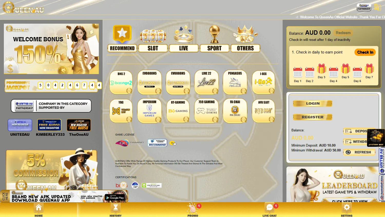 Queenau Casino desktop home screen with AUD welcome offer and casino categories