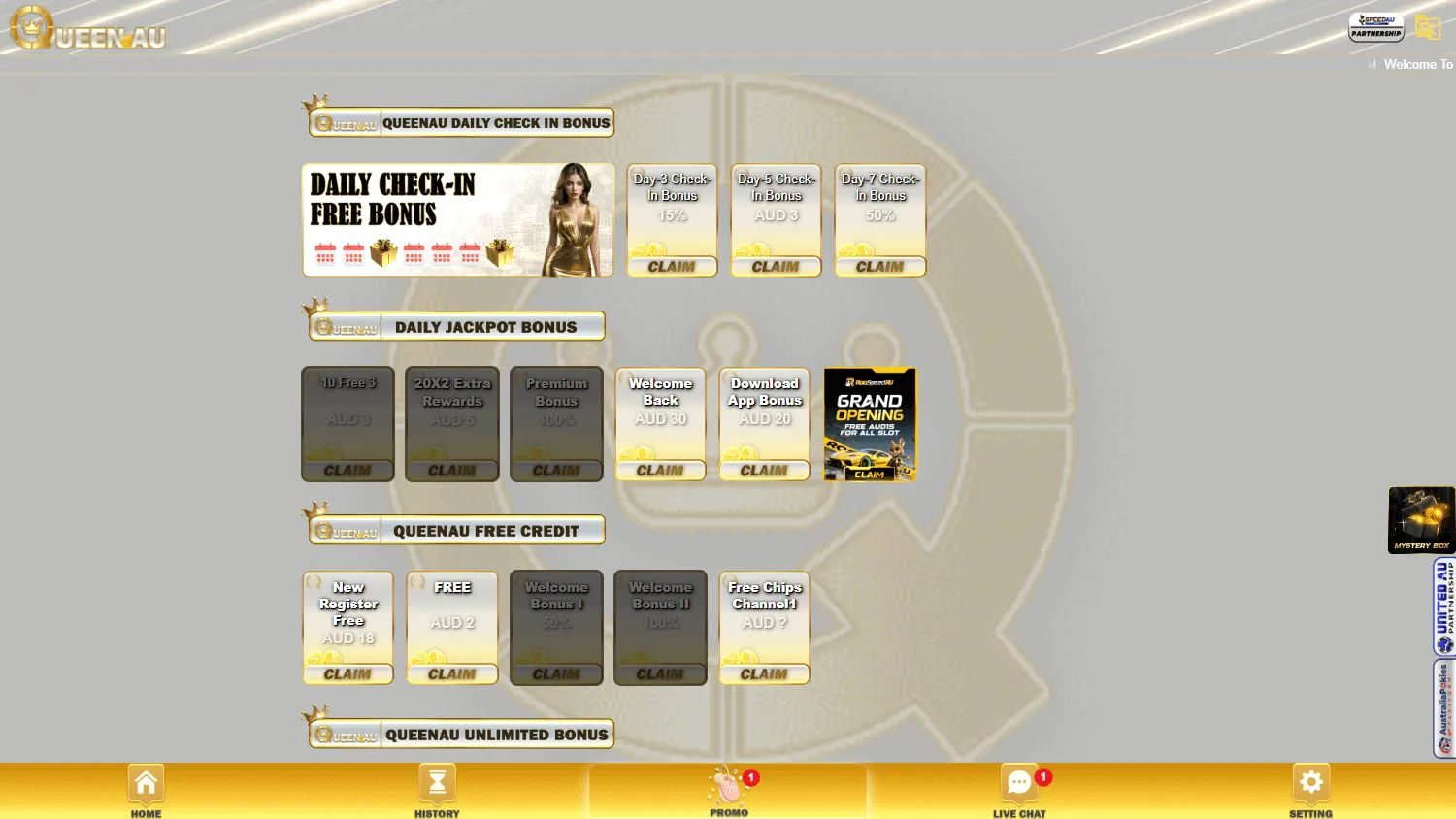 Queenau Casino desktop promotions screen showing welcome, registration and leaderboard offers